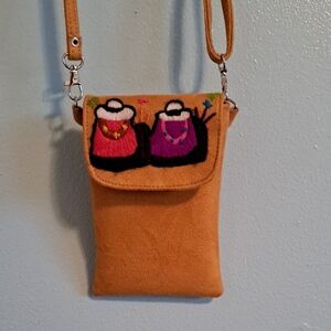 Embroidered Suede Crossbody Bag Pouch Purse Crewel Wool Dolls